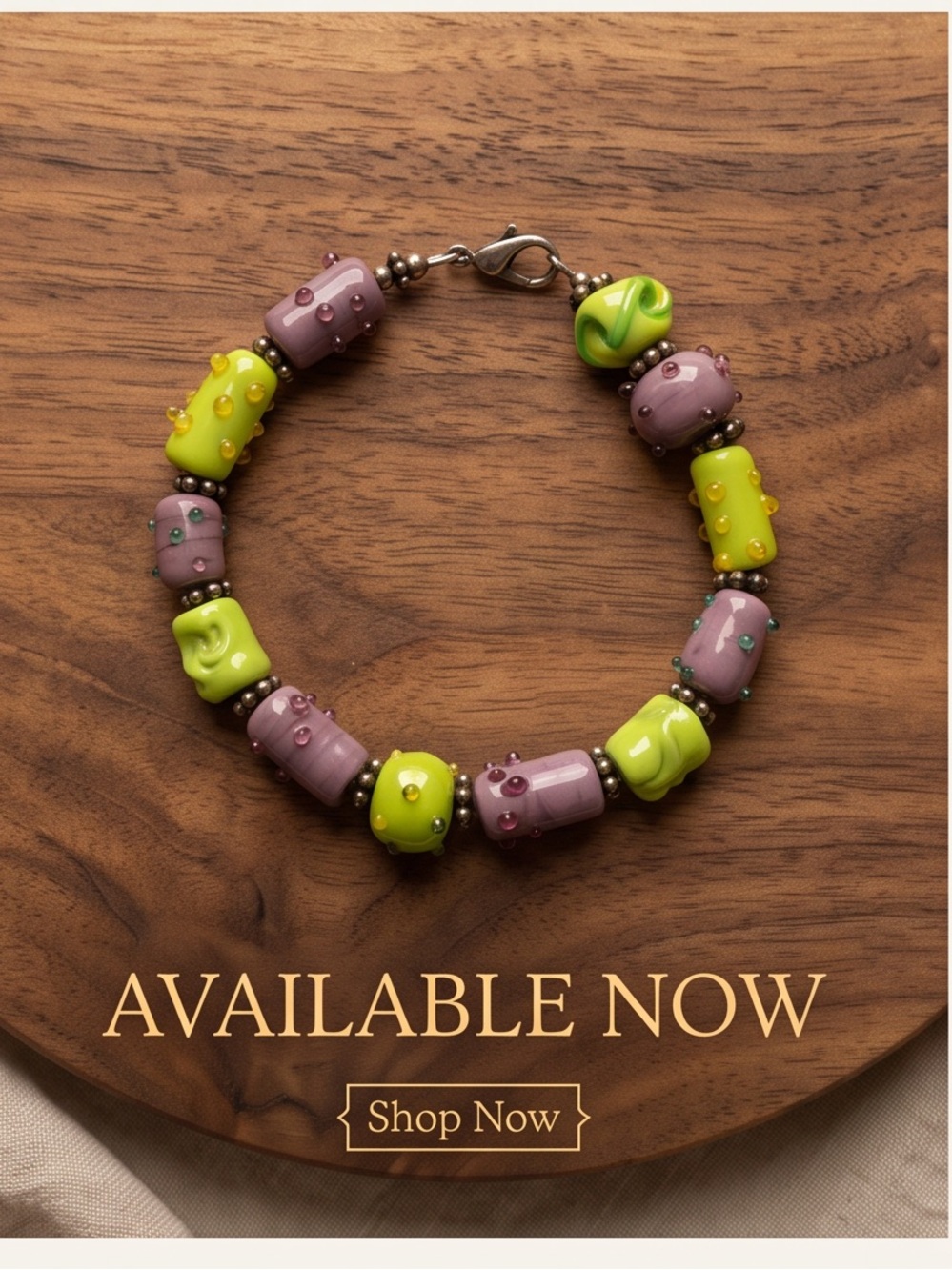 Handmade Purple and Green Lampwork Glass Bead Bracelet